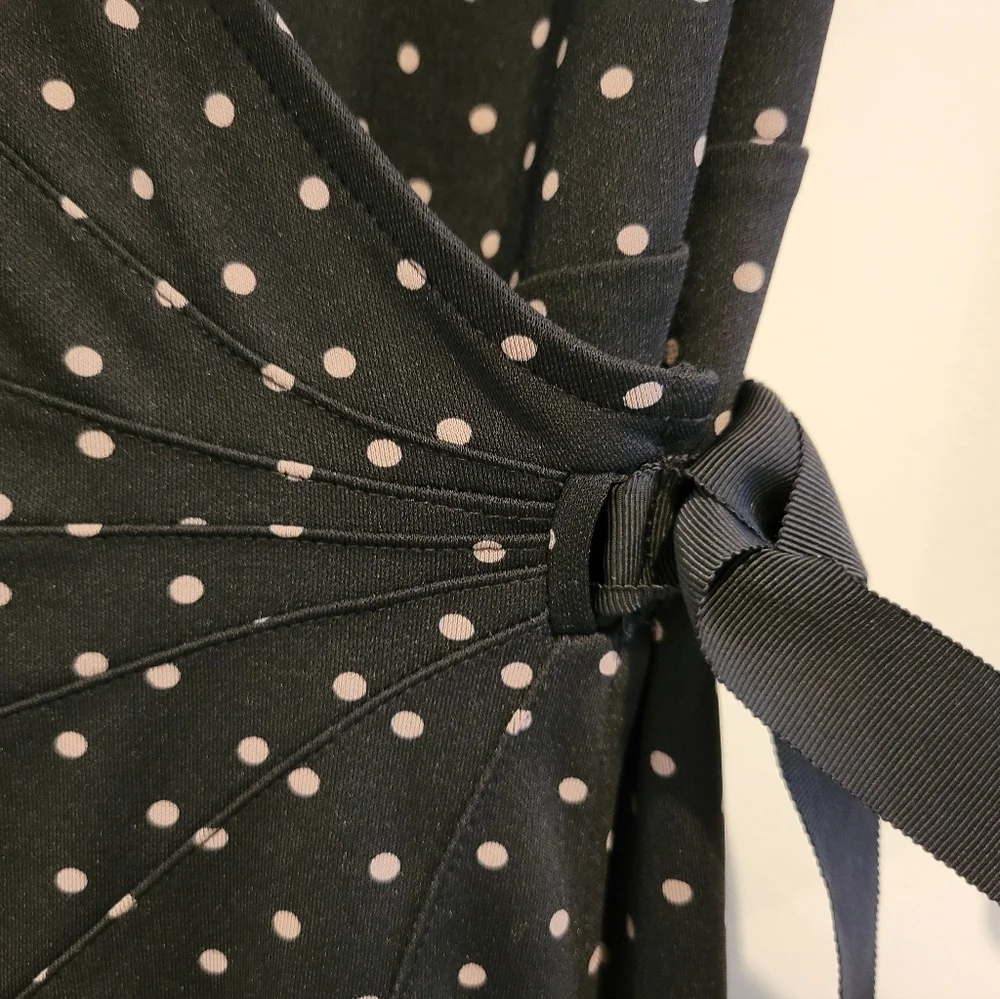Ann Taylor Loft Black Tan Polka Dot A-Line Fit & Flare Midi Wrap Long Dress 4 - Picture 5 of 8